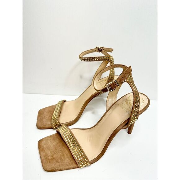 Vince Camuto Sandals Womens Size 5 Tan Leather Saprenda Rhinestone Ankle Strap - Picture 3 of 10